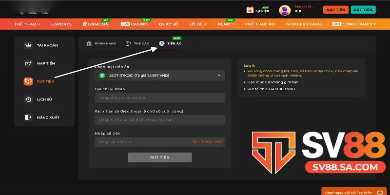 Giao dịch rút tiền qua tiền ảo tại SV88 có tính bảo mật cao