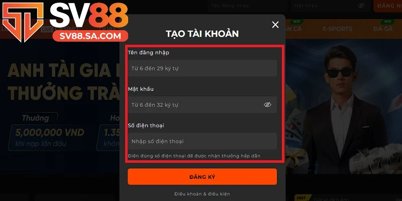 Nhập thông tin đăng ký SV88