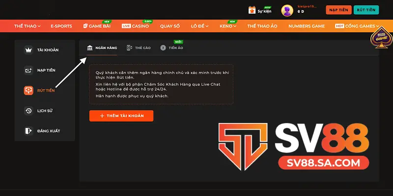 Rút thưởng qua ngân hàng phổ biến nhất tại SV88